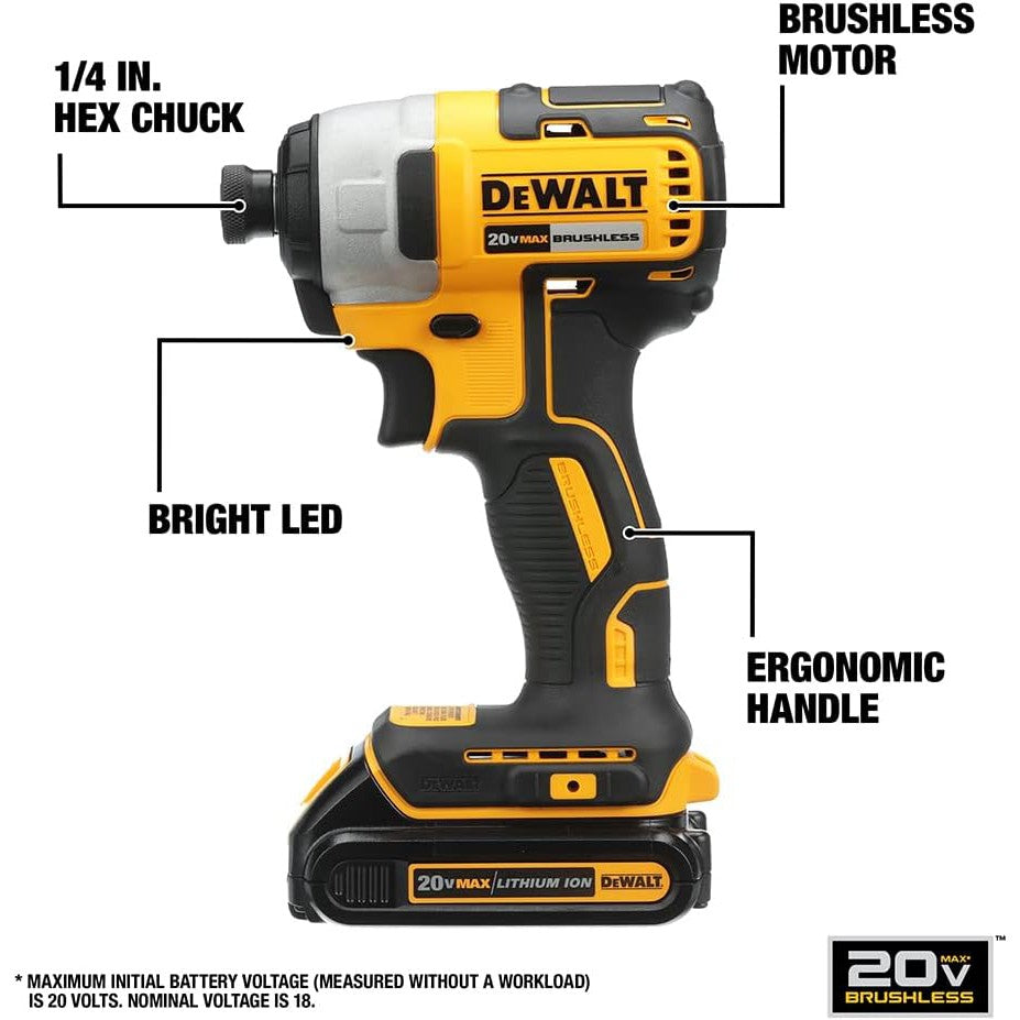 DEWALT 20 V MAX* Kit de destornillador de impacto inalámbrico, sin escobillas, 1/4 pulgadas