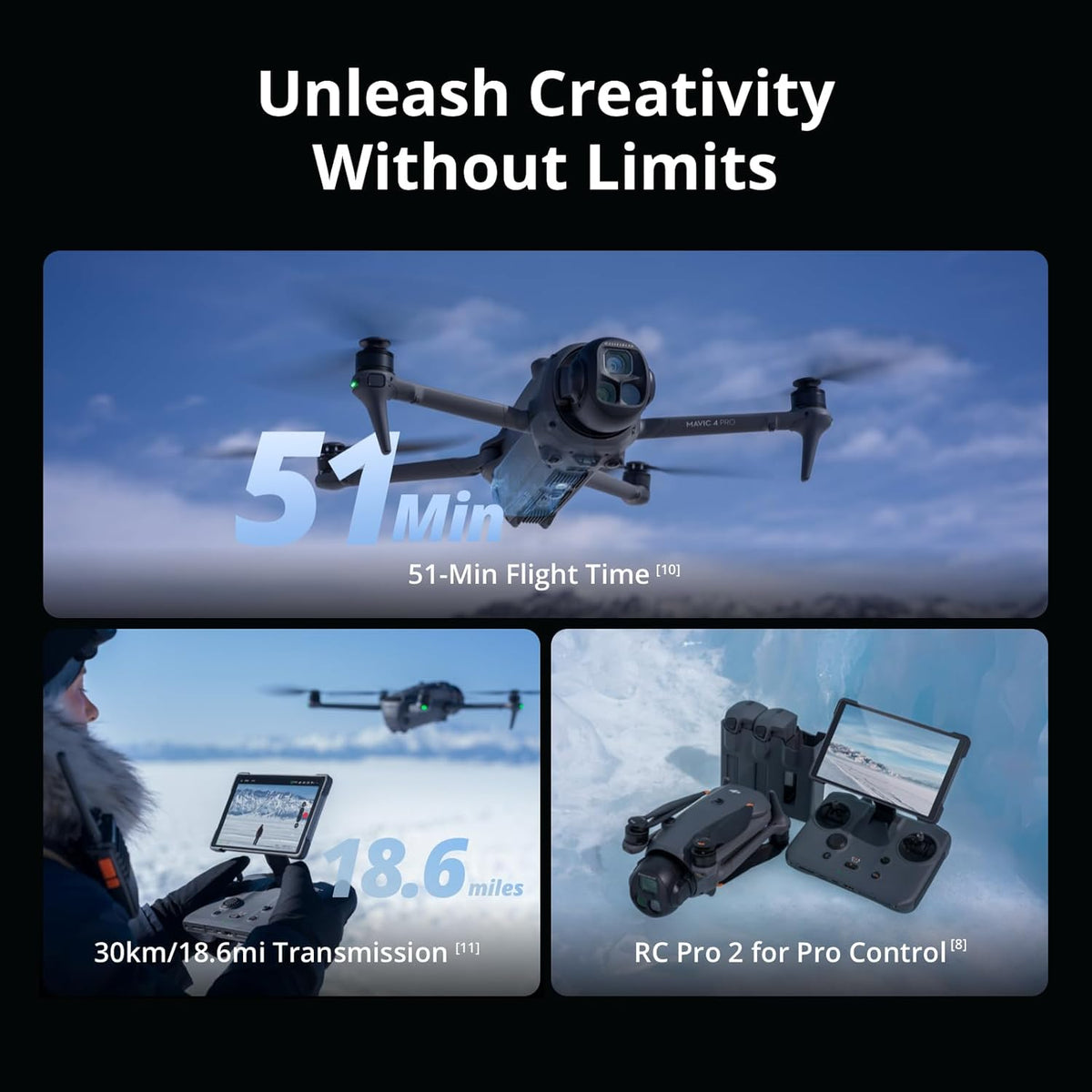 Pack para Creadores DJI Mavic 4 Pro 512 GB con DJI RC Pro 2, 4K dron tricámara insignia con cámara Hasselblad de 100 MP y sensor CMOS 4/3, 51 min de tiempo de vuelo, tres baterías, centro de carga
