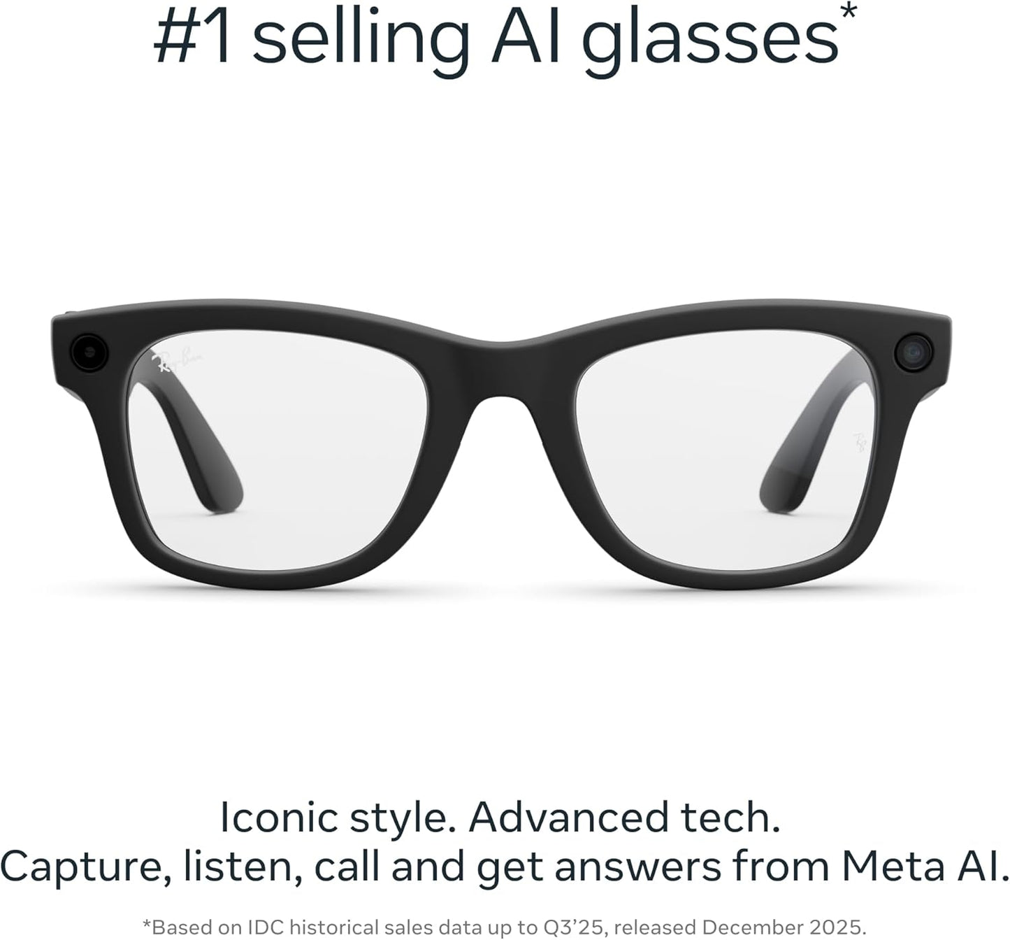 Ray-Ban Meta Wayfarer (Gen 2) con Meta AI, captura de fotos y videos, batería de mayor duración - Negro mate, micas transparentes