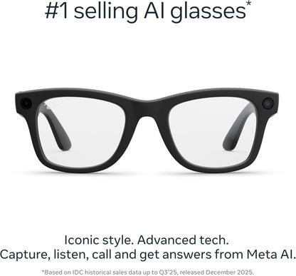 Ray-Ban Meta Wayfarer (Gen 2) con Meta AI, captura de fotos y videos, batería de mayor duración - Negro mate, micas transparentes