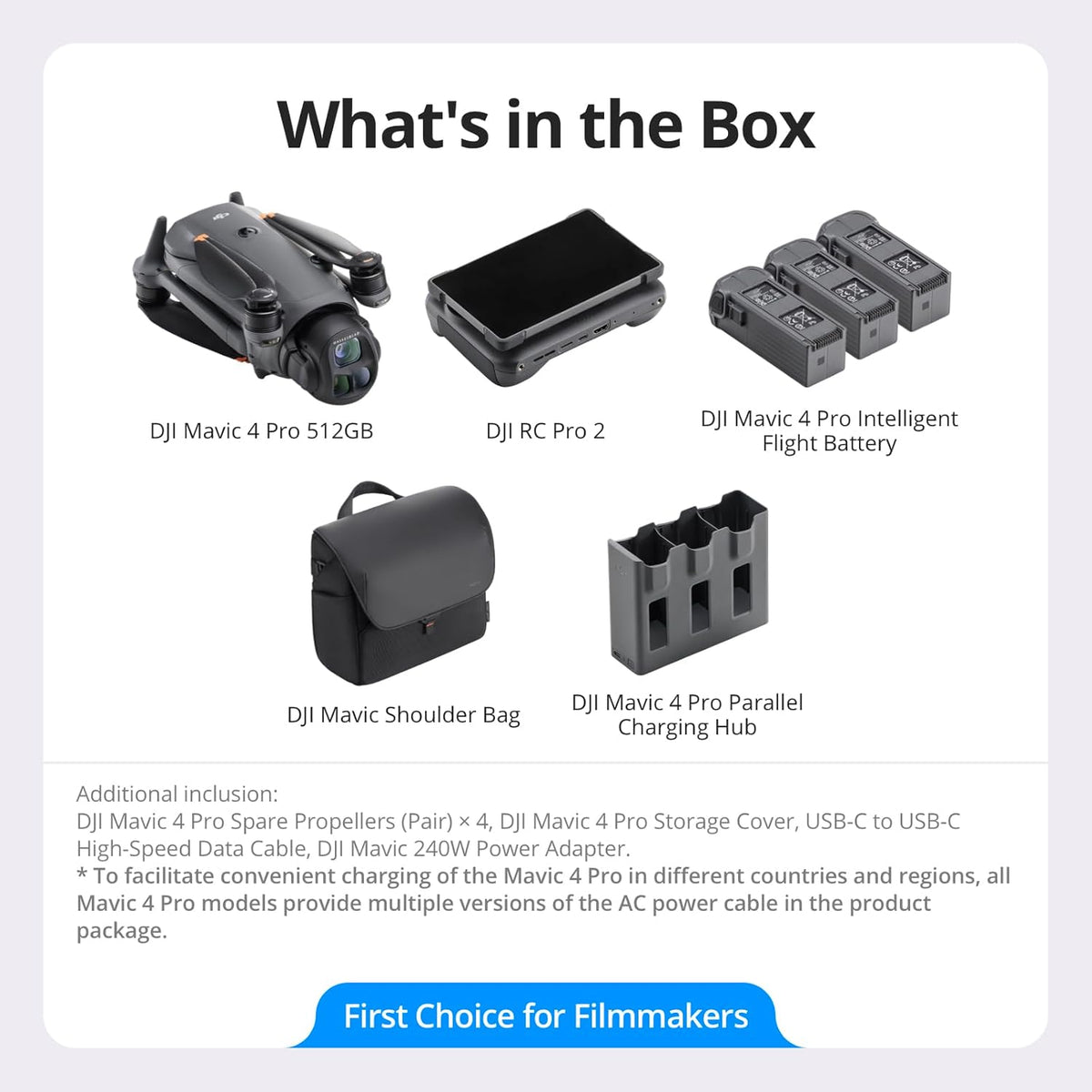 Pack para Creadores DJI Mavic 4 Pro 512 GB con DJI RC Pro 2, 4K dron tricámara insignia con cámara Hasselblad de 100 MP y sensor CMOS 4/3, 51 min de tiempo de vuelo, tres baterías, centro de carga