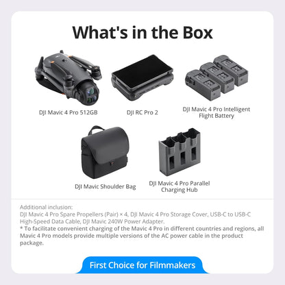 Pack para Creadores DJI Mavic 4 Pro 512 GB con DJI RC Pro 2, 4K dron tricámara insignia con cámara Hasselblad de 100 MP y sensor CMOS 4/3, 51 min de tiempo de vuelo, tres baterías, centro de carga